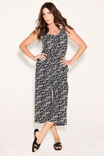 Abstract Print Crinkle Belted Jumpsuit